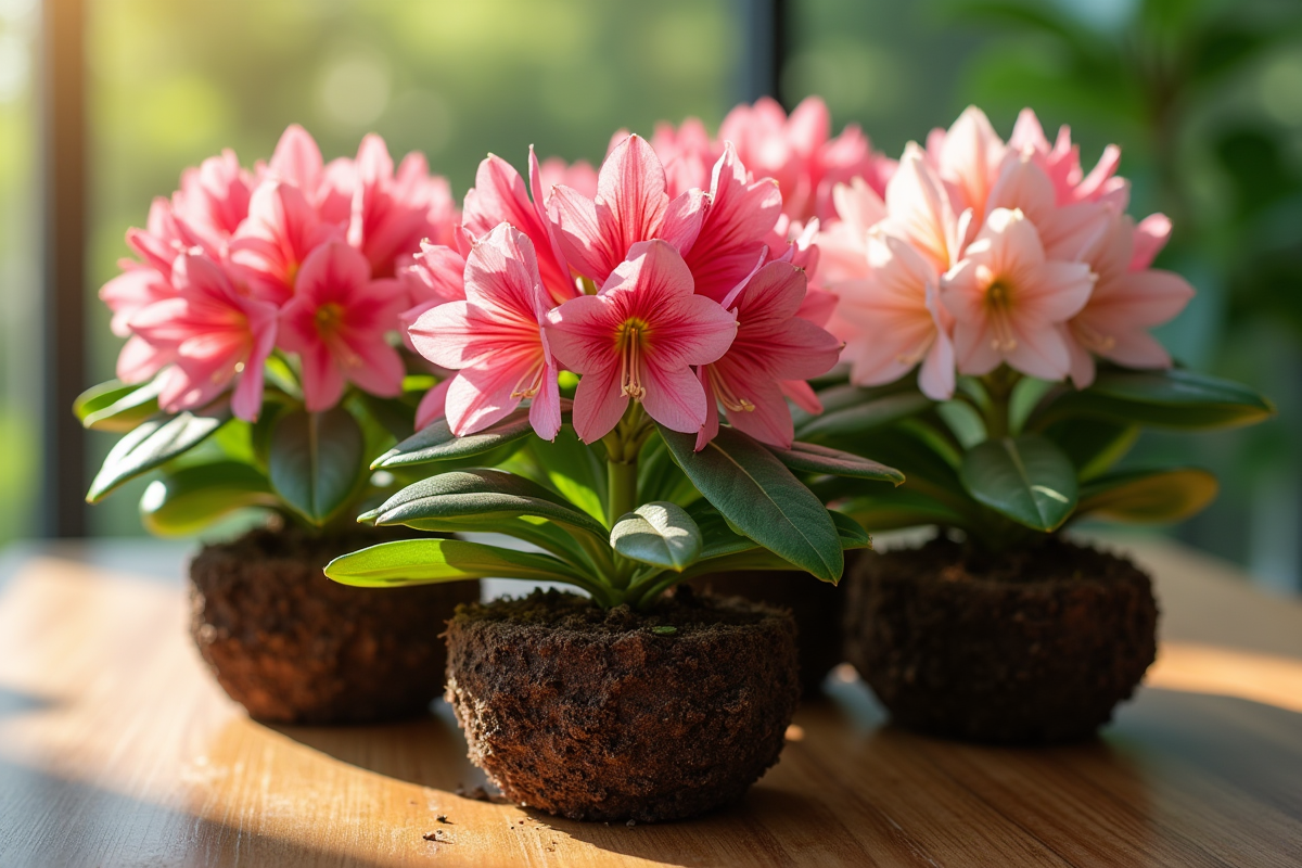 Rhododendrons en pots sur une table en bois en plein soleil