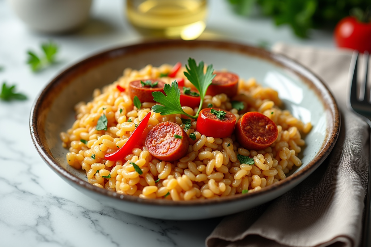 Zoom sur risotto au chorizo avec poivrons et persil