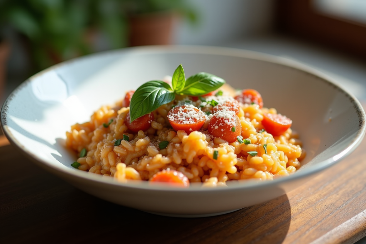 Risotto méditerranéen au chorizo dans un bol rustique