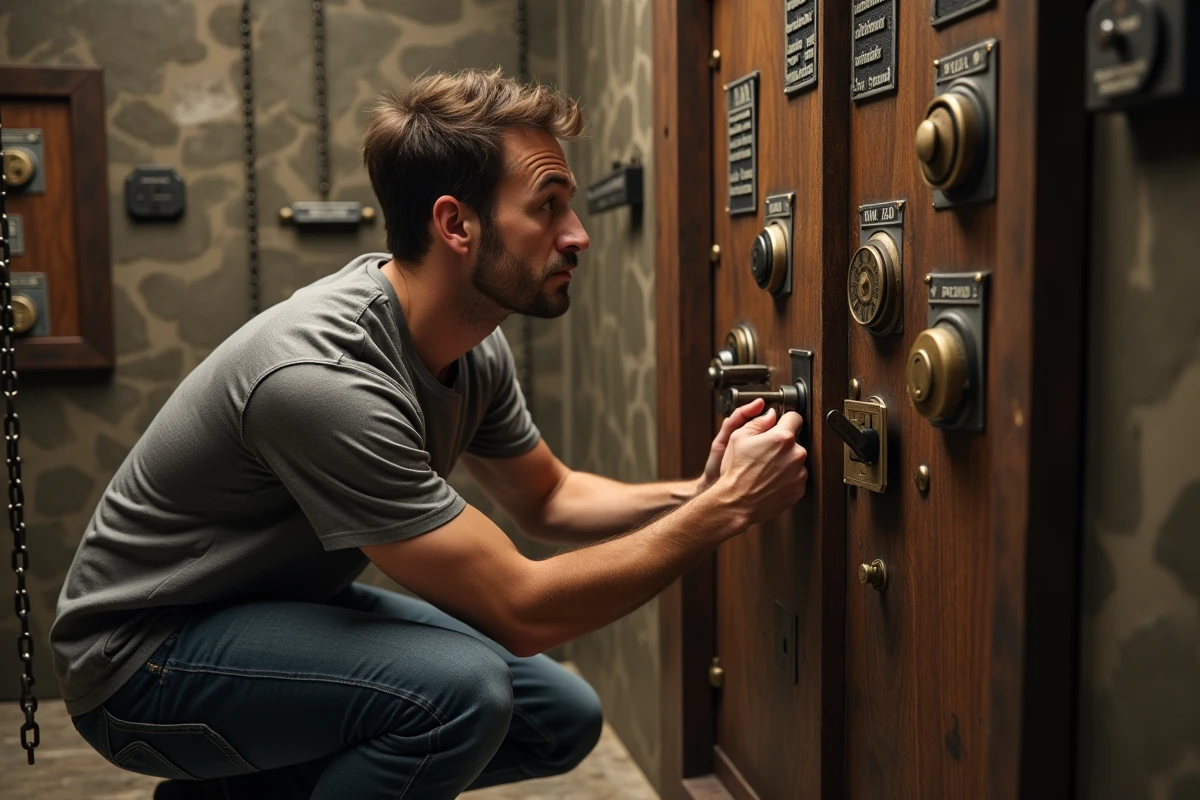 Homme examinant un cadenas à combinaison sur une porte d'escape game avec des indices symboliques