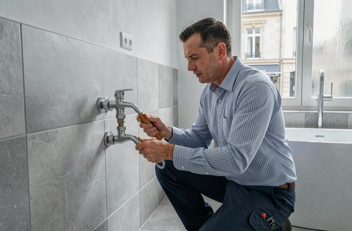 Technicien de la Sarl Berthier Plomberie à Chalon-sur-Saône installant un mitigeur thermostatique dans une salle de bain rénovée