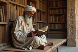 Savant âgé en robes traditionnelles dans une bibliothèque ancienne