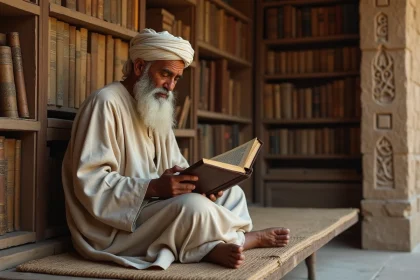 Savant âgé en robes traditionnelles dans une bibliothèque ancienne