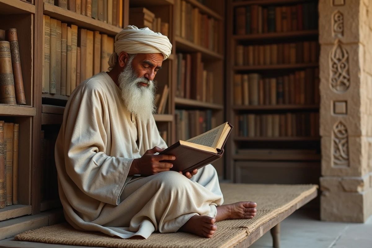 Savant âgé en robes traditionnelles dans une bibliothèque ancienne