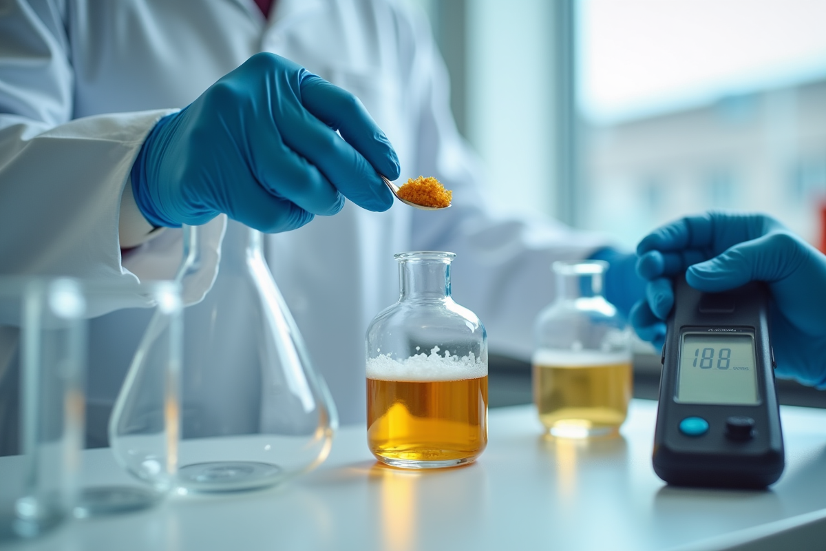 Main d’un scientifique avec une cuillère de levure dans un laboratoire moderne