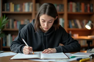Jeune femme concentrée résolvant une énigme de salle d'évasion avec des notes manuscrites sur un bureau en bois