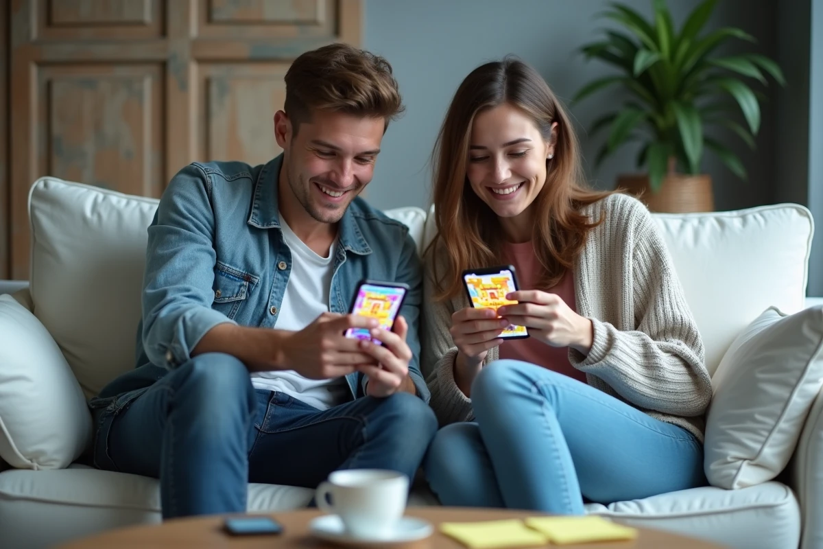 Deux joueurs consultant la solution de Rooms et Exits sur smartphone dans un salon moderne