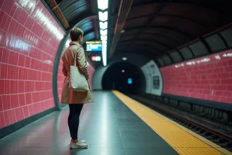 Femme attendant seule sur le quai d'une station de métro toulousain la nuit, affichage numérique des départs visible
