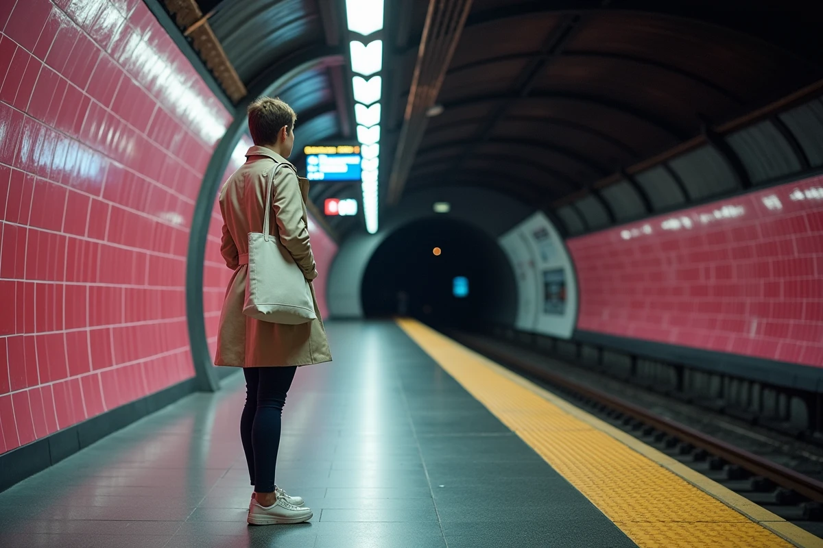 Femme attendant seule sur le quai d'une station de métro toulousain la nuit, affichage numérique des départs visible