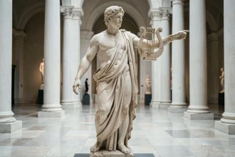 Statue en marbre classique d'Apollon tenant une lyre dans une galerie de musée aux colonnes blanches
