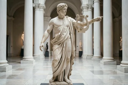 Statue en marbre classique d'Apollon tenant une lyre dans une galerie de musée aux colonnes blanches