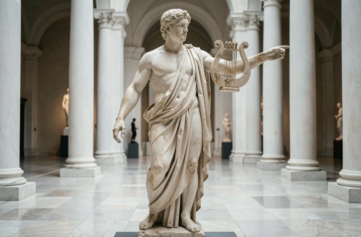 Statue en marbre classique d'Apollon tenant une lyre dans une galerie de musée aux colonnes blanches