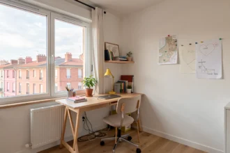 Studio étudiant lumineux avec bureau face aux toits de briques roses de Toulouse