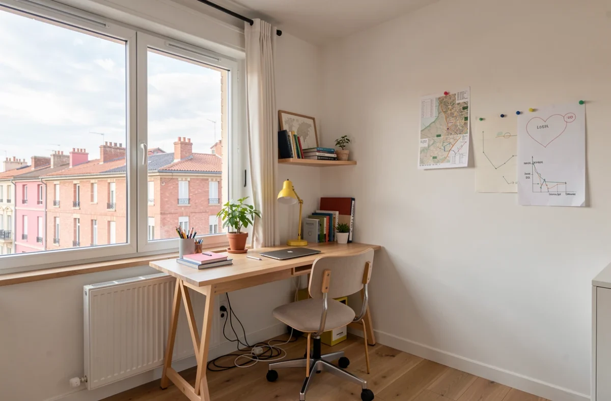 Studio étudiant lumineux avec bureau face aux toits de briques roses de Toulouse