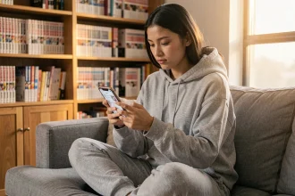 Jeune femme suivant ses chapitres de manga sur une application mobile depuis son canapé