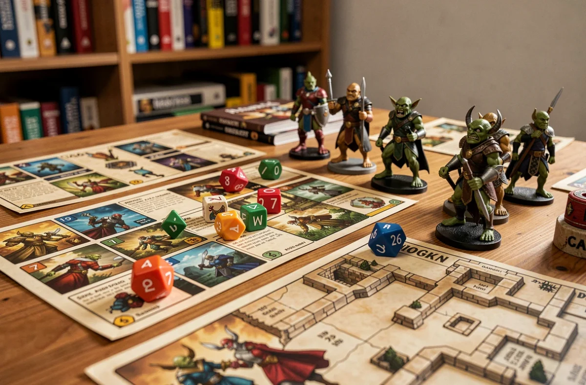 Table de jeu de rôle avec figurines de gobelins, dés polyédriques et cartes de personnages fantasy