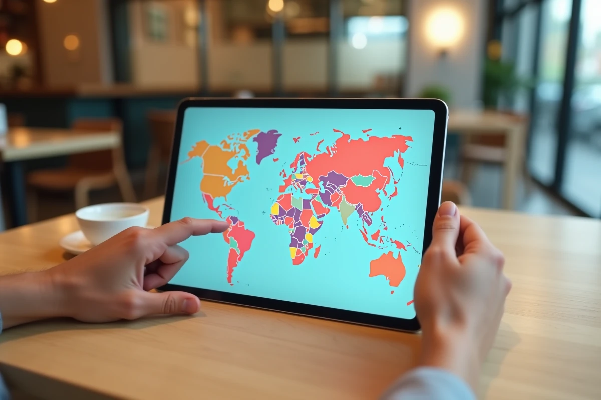Tablette affichant une carte numérique simplifiée des pays hispanophones dans un café