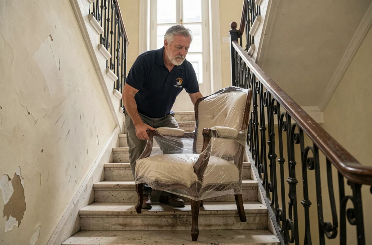 Déménageur expérimenté de TDN Déménagements guidant un fauteuil emballé dans l'escalier en pierre d'un appartement havrais