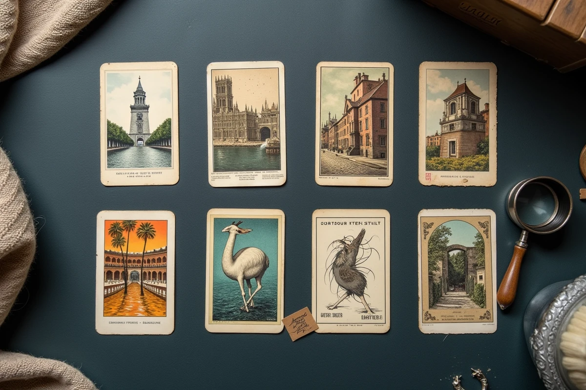 Gros plan sur des télécartes de collection vintage exposées sur un étal de brocante avec une loupe et des étiquettes de prix