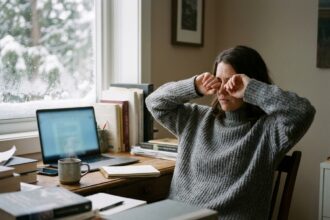 Télétravailleurs femme se frottant les yeux devant un écran d'ordinateur portable en hiver, fatigue visuelle due aux écrans