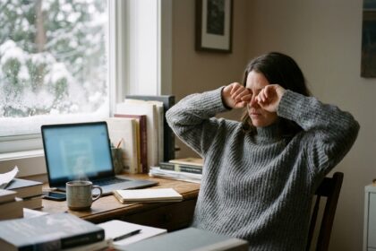 Télétravailleurs femme se frottant les yeux devant un écran d'ordinateur portable en hiver, fatigue visuelle due aux écrans