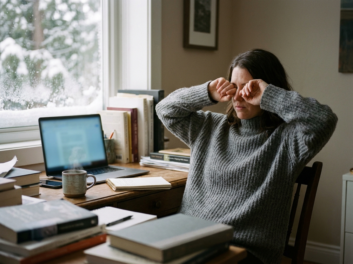 Télétravailleurs femme se frottant les yeux devant un écran d'ordinateur portable en hiver, fatigue visuelle due aux écrans