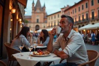 Terrasse animée d'un café toulousain en soirée sur la place du Capitole avec des amis attablés avant une nocturne