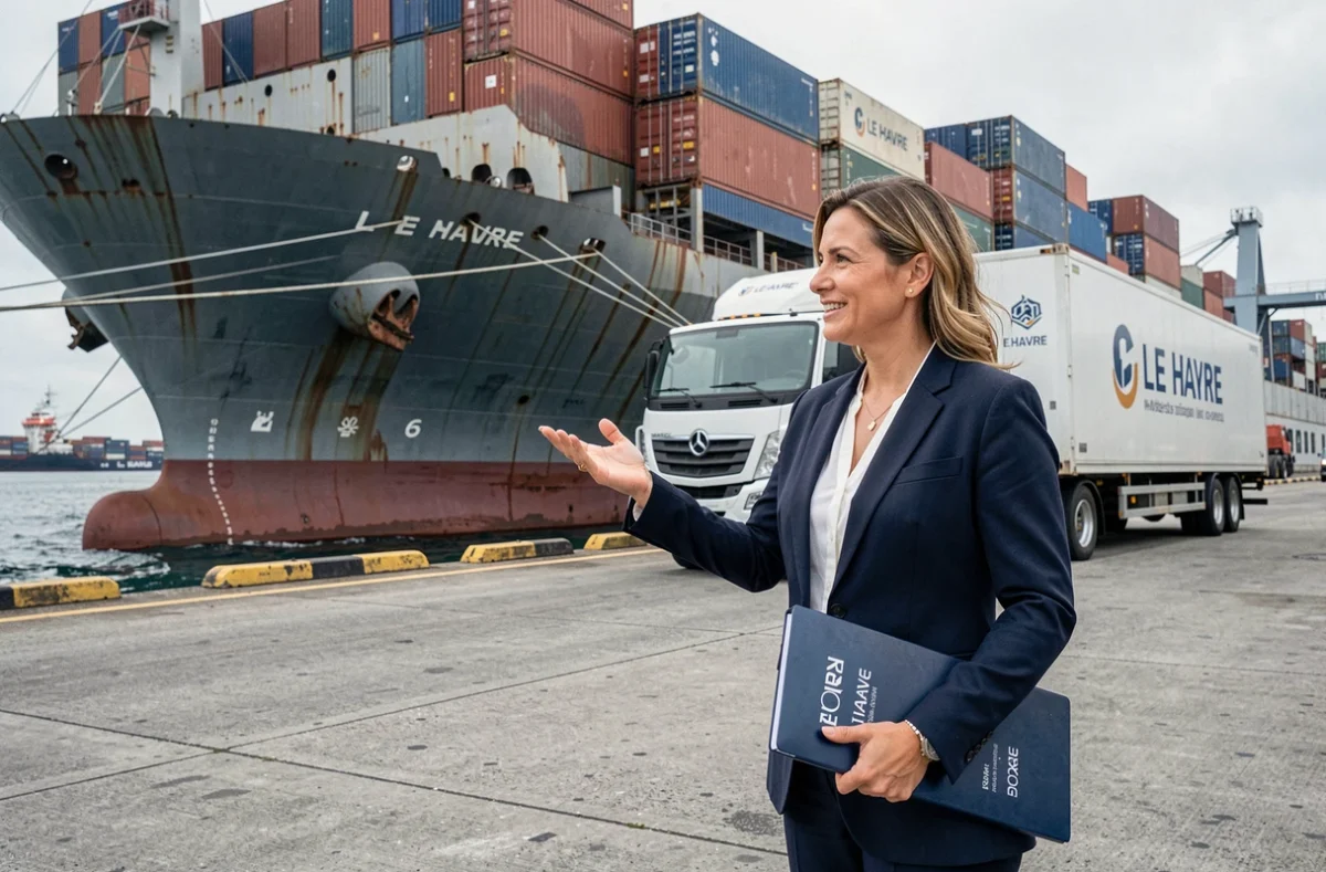 Coordinatrice de Traslo Service Limited devant le terminal à conteneurs du port du Havre avec porte-conteneurs et camion de déménagement international