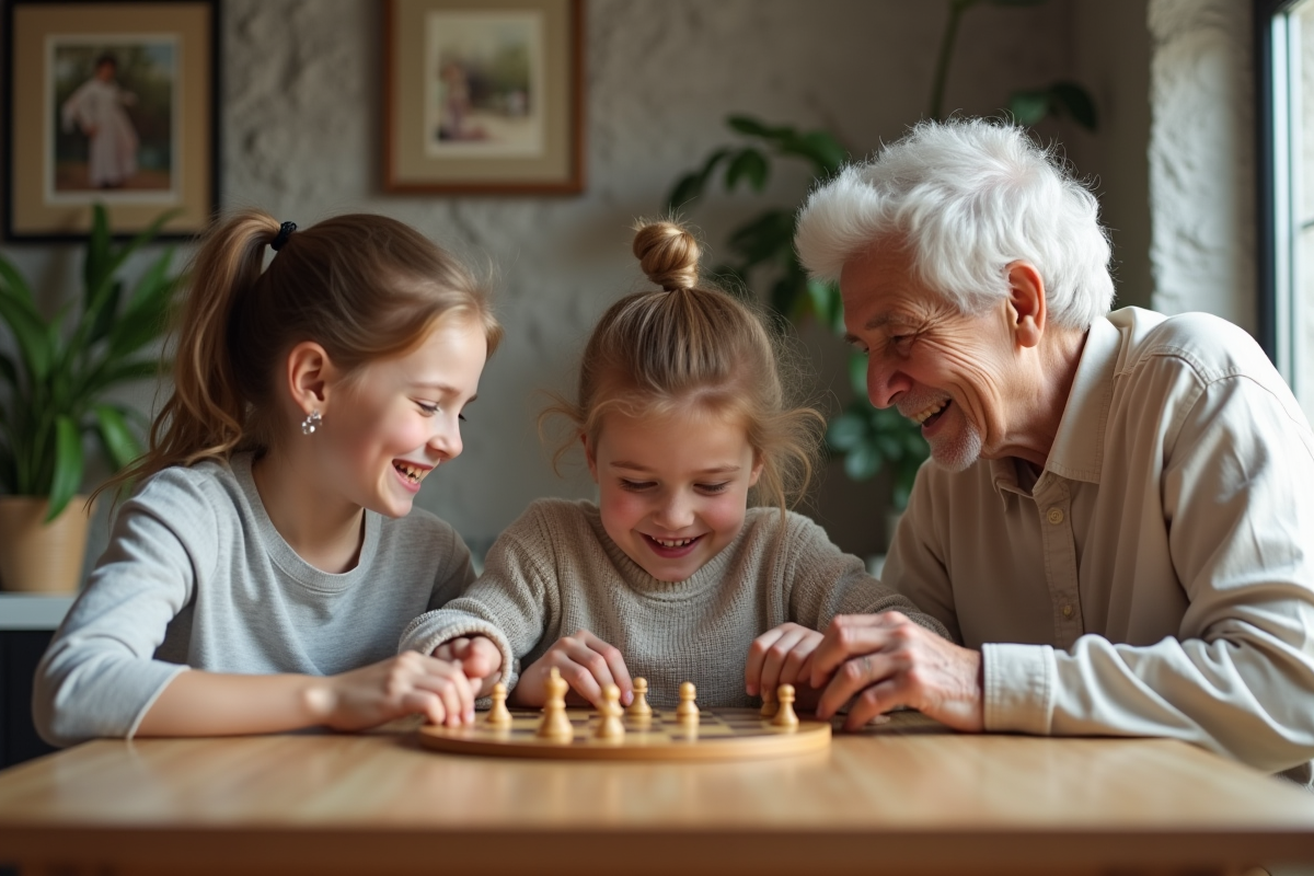 Trois générations de famille jouant à un jeu de société
