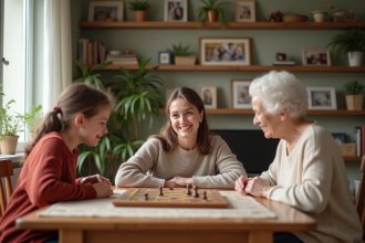 Trois générations jouent à un jeu de société ensemble
