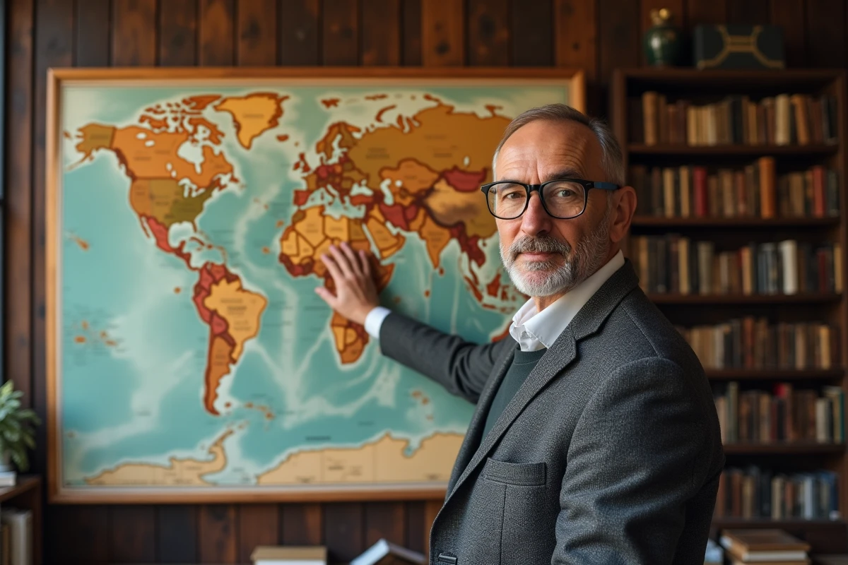Professeur de géographie pointant la Turquie sur une carte politique du monde montrant le détroit du Bosphore entre l'Europe et l'Asie