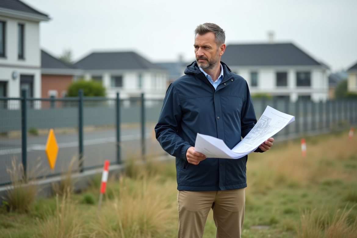Urbaniste homme avec plans sur un terrain vacant en banlieue