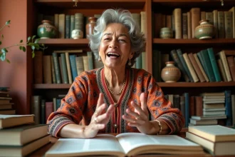 Femme mexicaine expliquant les variantes régionales de l'espagnol entourée de dictionnaires dans une librairie de Mexico