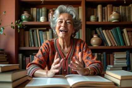 Femme mexicaine expliquant les variantes régionales de l'espagnol entourée de dictionnaires dans une librairie de Mexico