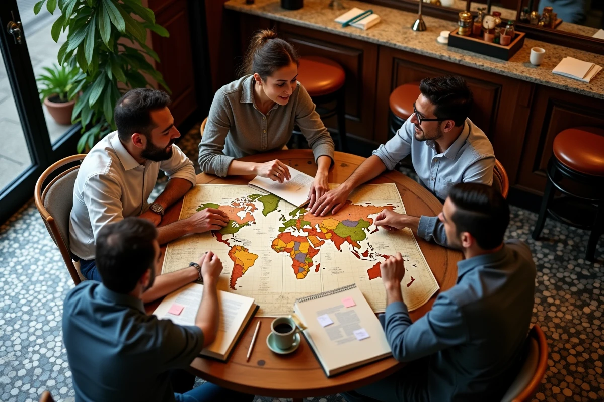 Groupe de locuteurs hispanophones de différents pays discutant des variantes régionales de l'espagnol autour d'une carte dans un café de Buenos Aires