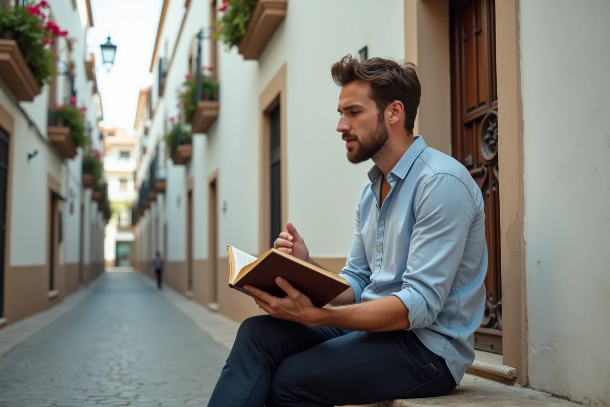 Jeune homme espagnol lisant à voix haute dans une ruelle historique de Séville illustrant l'espagnol d'Espagne
