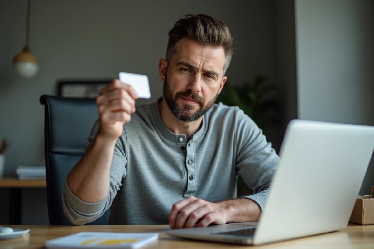 Homme recherchant la valeur de ses télécartes de collection sur internet depuis son bureau à domicile