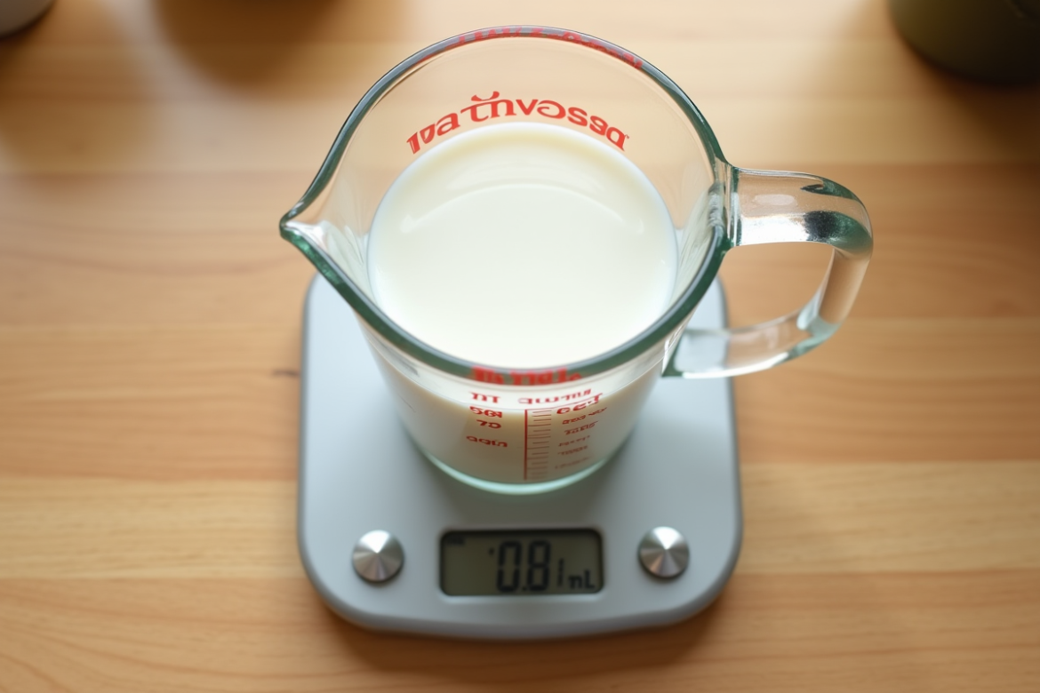 Verre mesureur de lait de 400 ml sur balance de cuisine